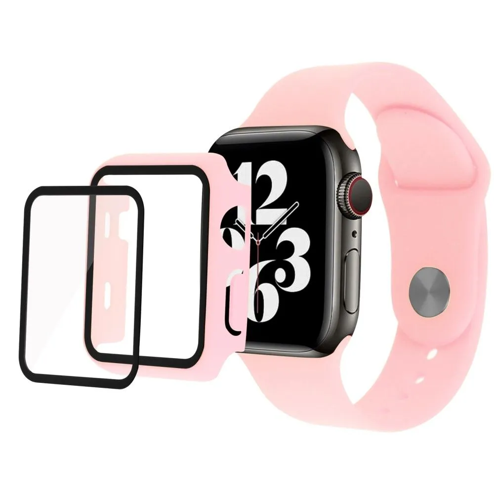 Apple Watch (45mm) cover with tempered glass   silicone watch strap - Deep Pink