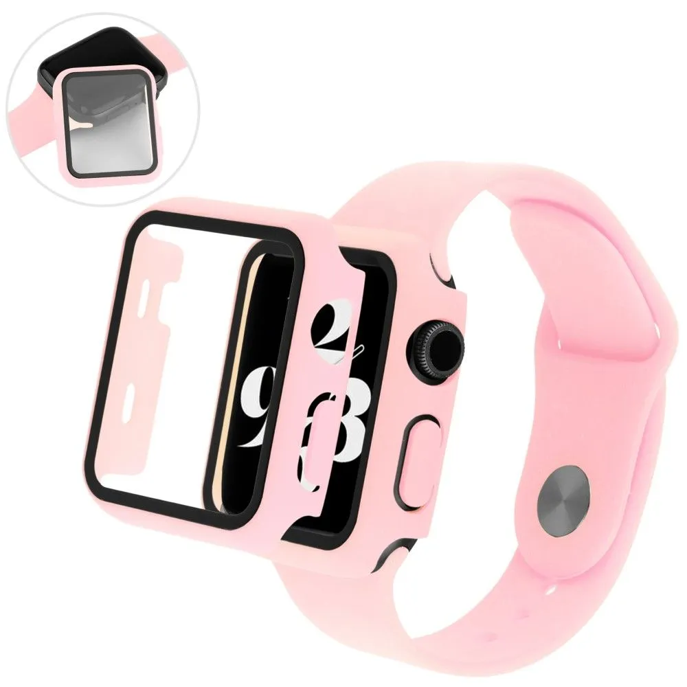 Apple Watch (45mm) cover with tempered glass   silicone watch strap - Deep Pink