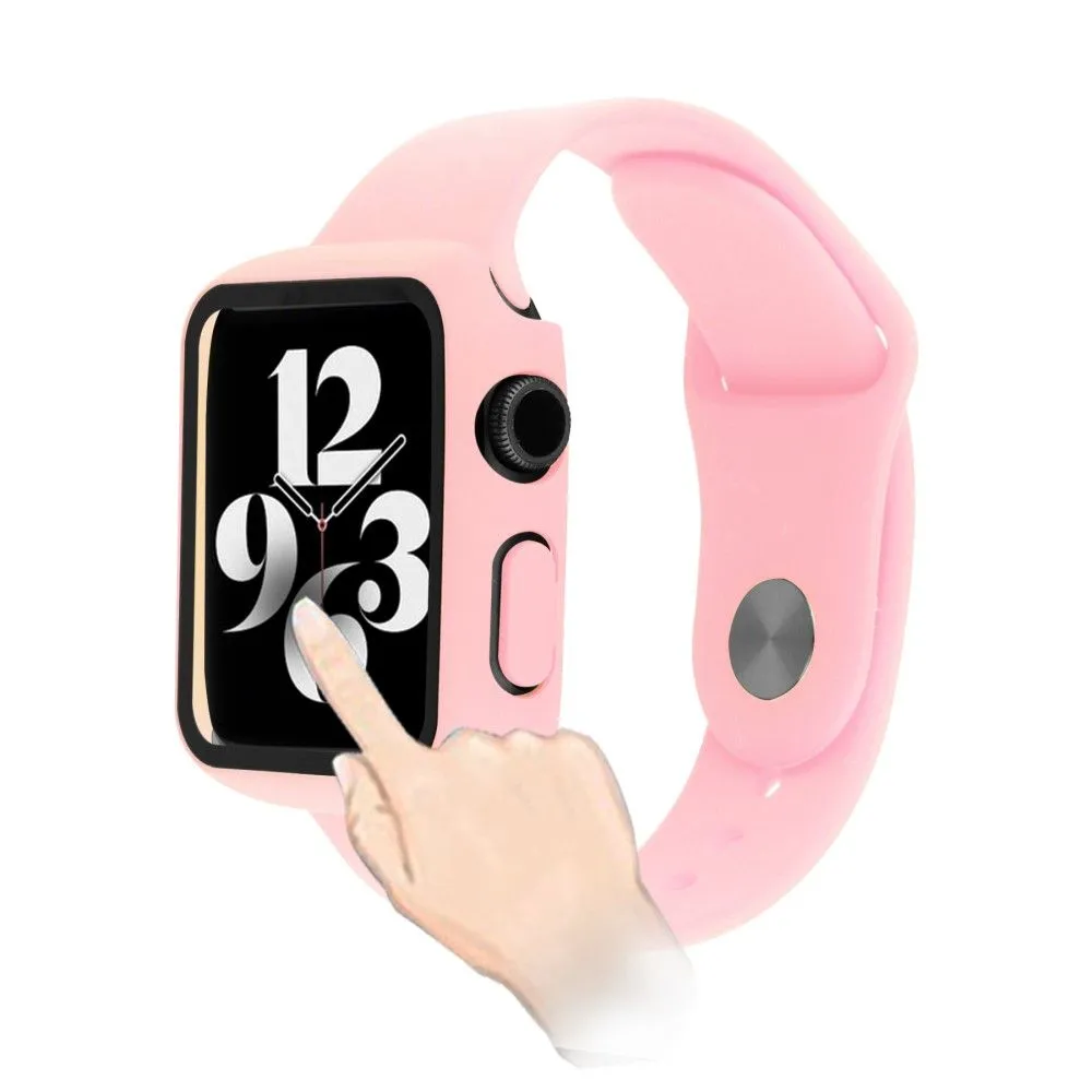 Apple Watch (45mm) cover with tempered glass   silicone watch strap - Deep Pink