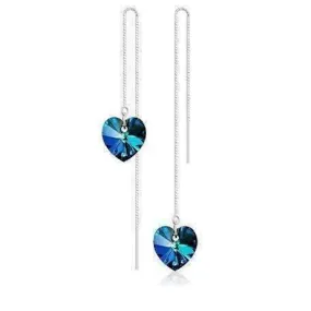 Aqua Blue Austrian Crystal Heart Silver Thread Earrings For Woman