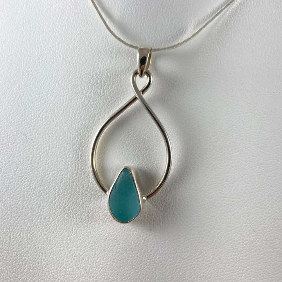 Aqua Sea Glass & Sterling Silver Infinity Drop Earrings