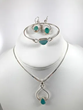 Aqua Sea Glass & Sterling Silver Infinity Drop Earrings