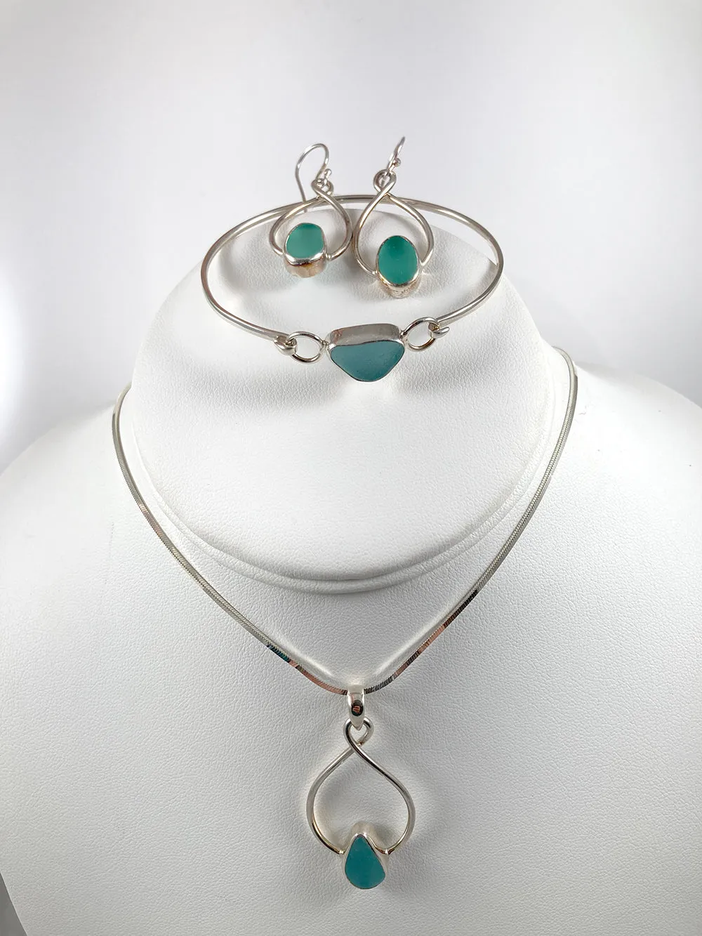 Aqua Sea Glass & Sterling Silver Infinity Drop Earrings