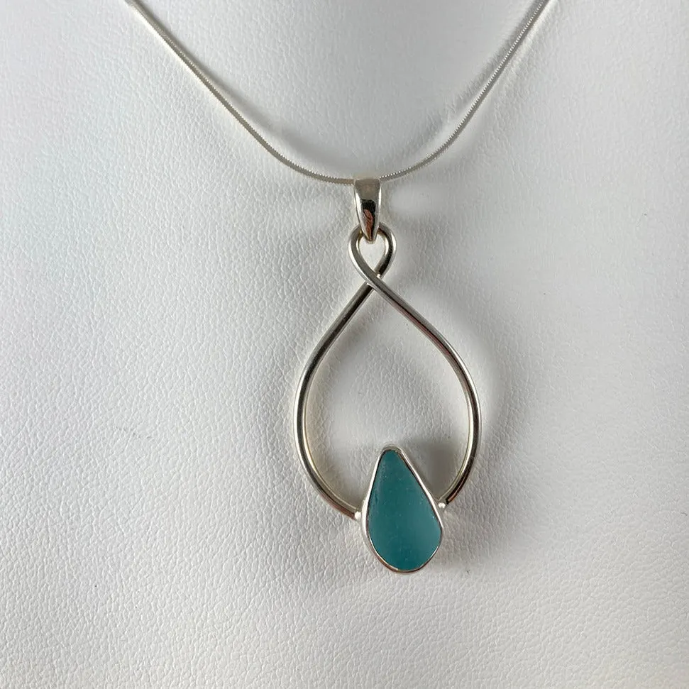 Aqua Sea Glass & Sterling Silver Infinity Drop Earrings