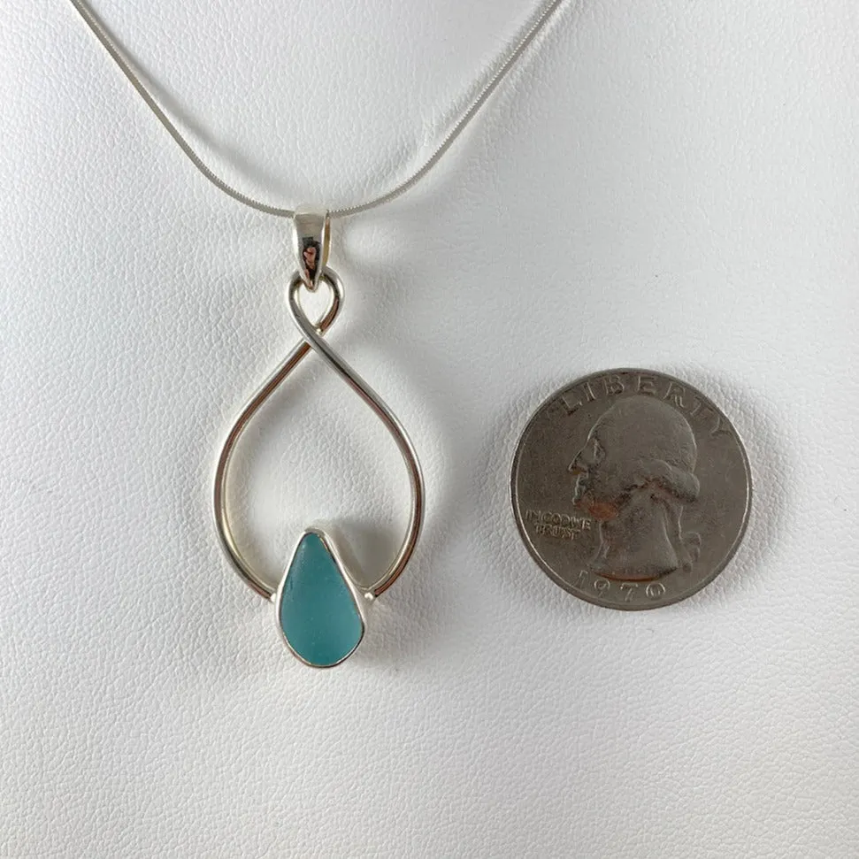 Aqua Sea Glass & Sterling Silver Infinity Drop Earrings