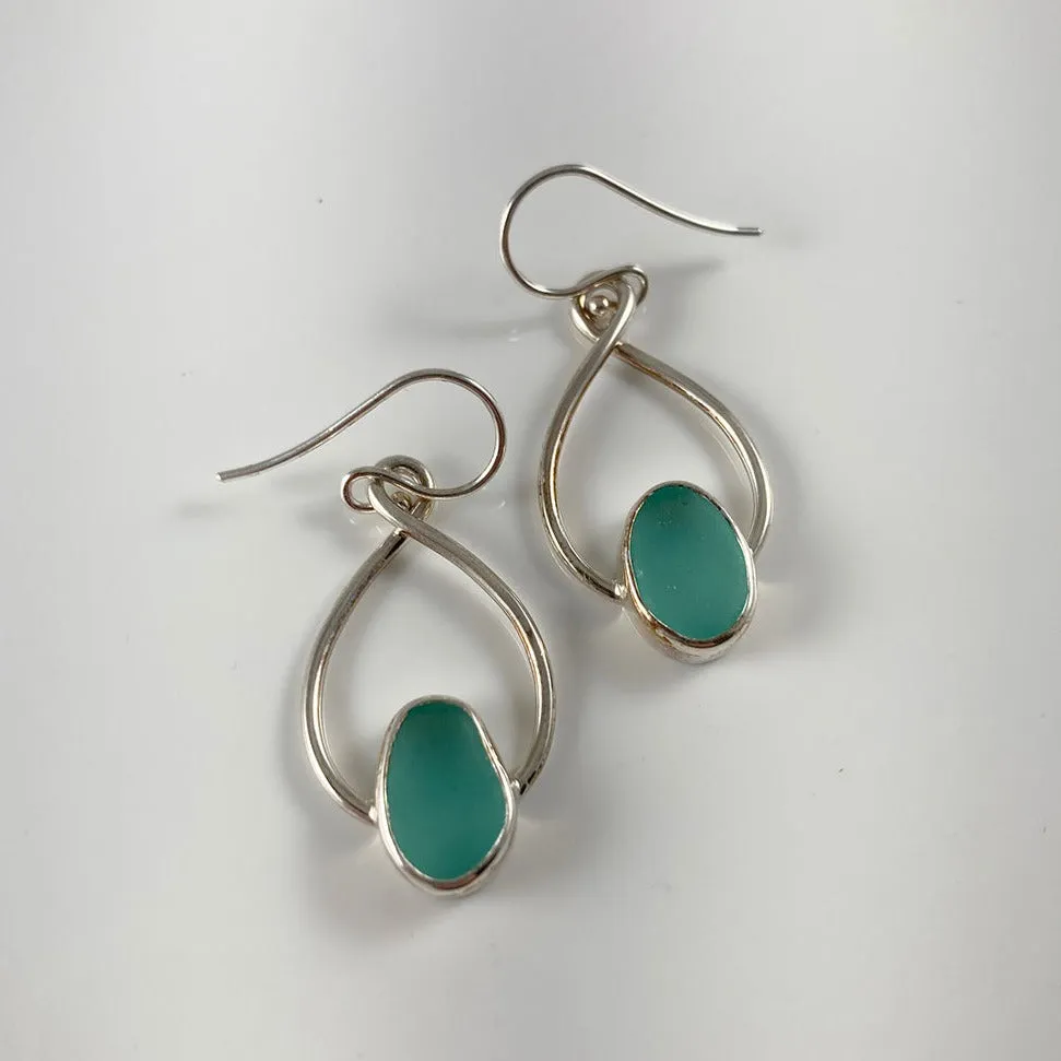 Aqua Sea Glass & Sterling Silver Infinity Drop Earrings