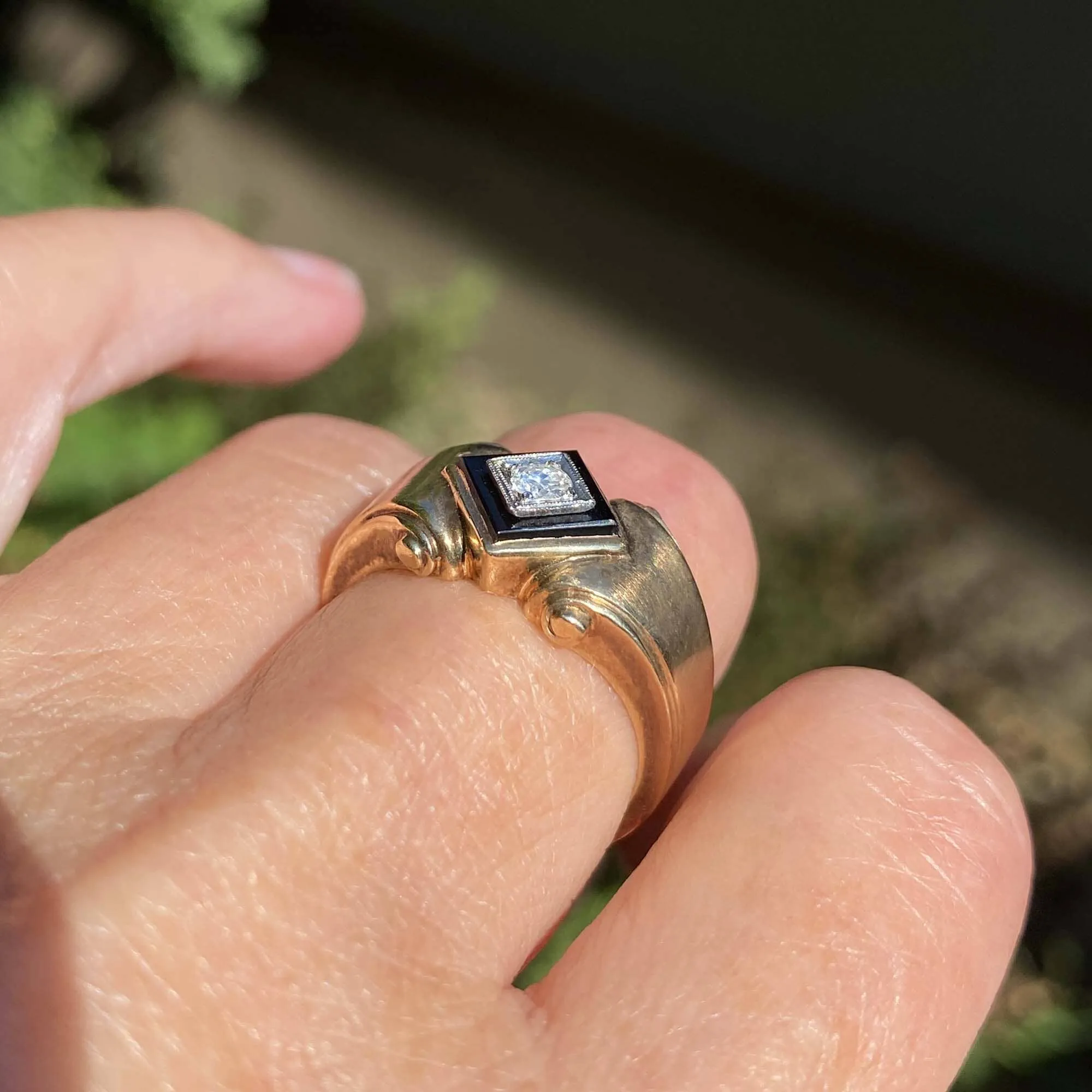 Art Deco Diamond Onyx Signet Ring in Gold