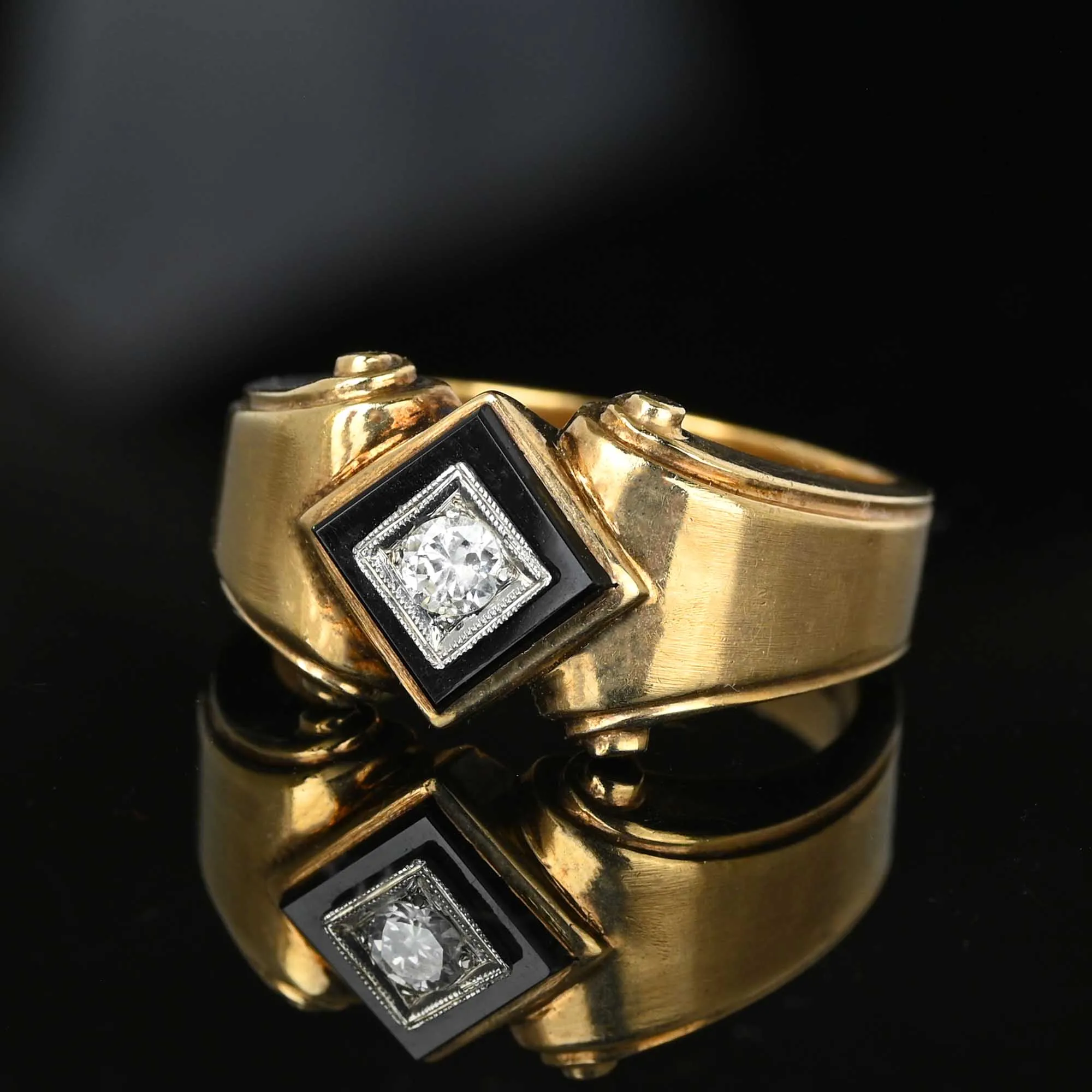 Art Deco Diamond Onyx Signet Ring in Gold