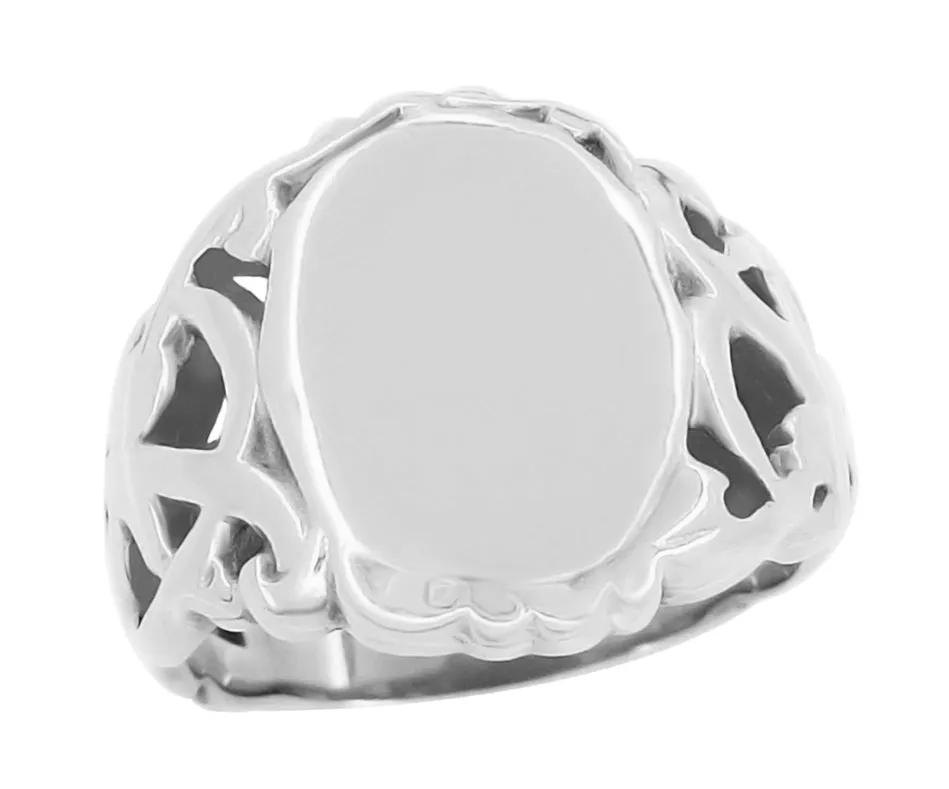 Art Nouveau Filigree Vines 14 Karat White Gold Oval Signet Ring