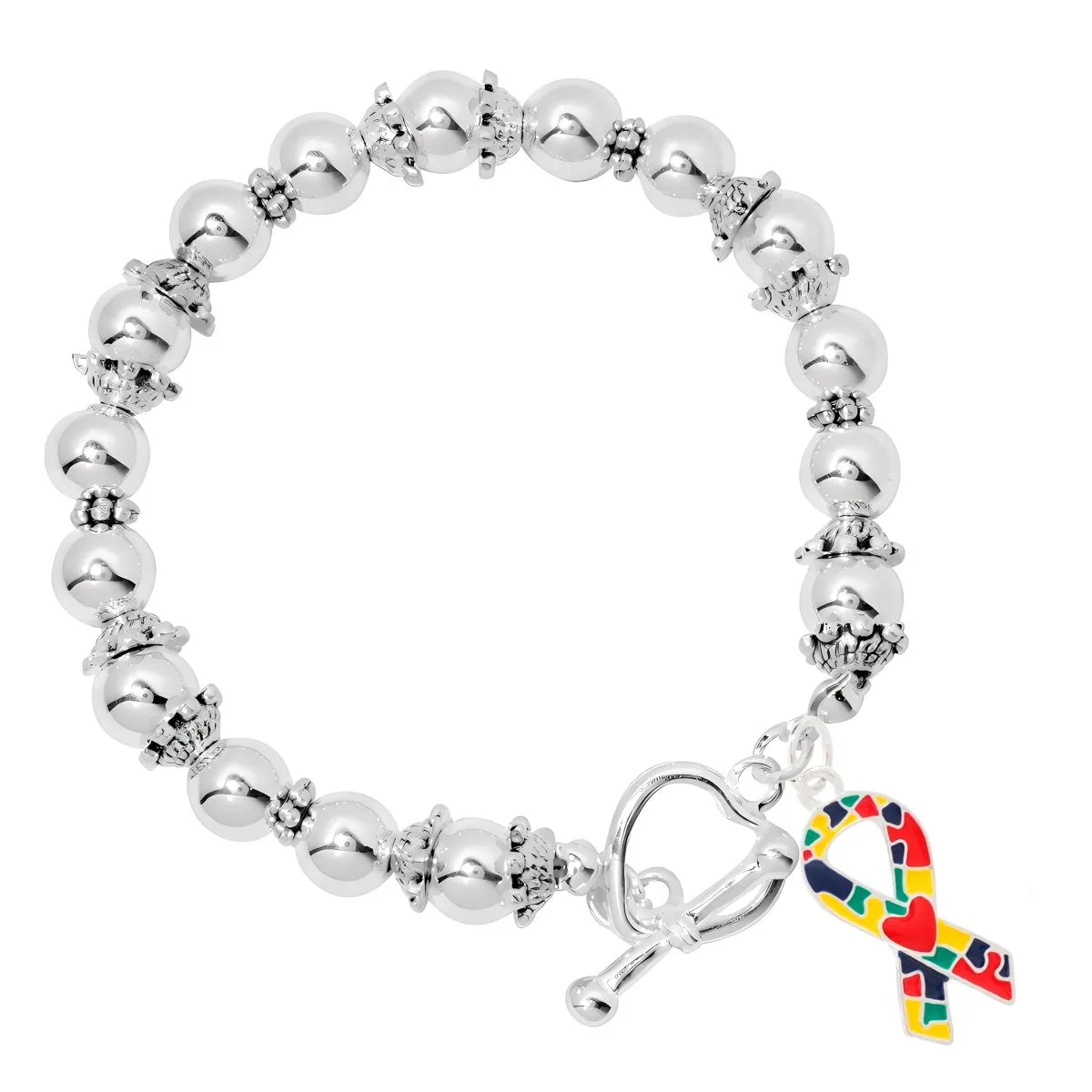 Autism Ribbon with Heart Silver Beaded Bracelets