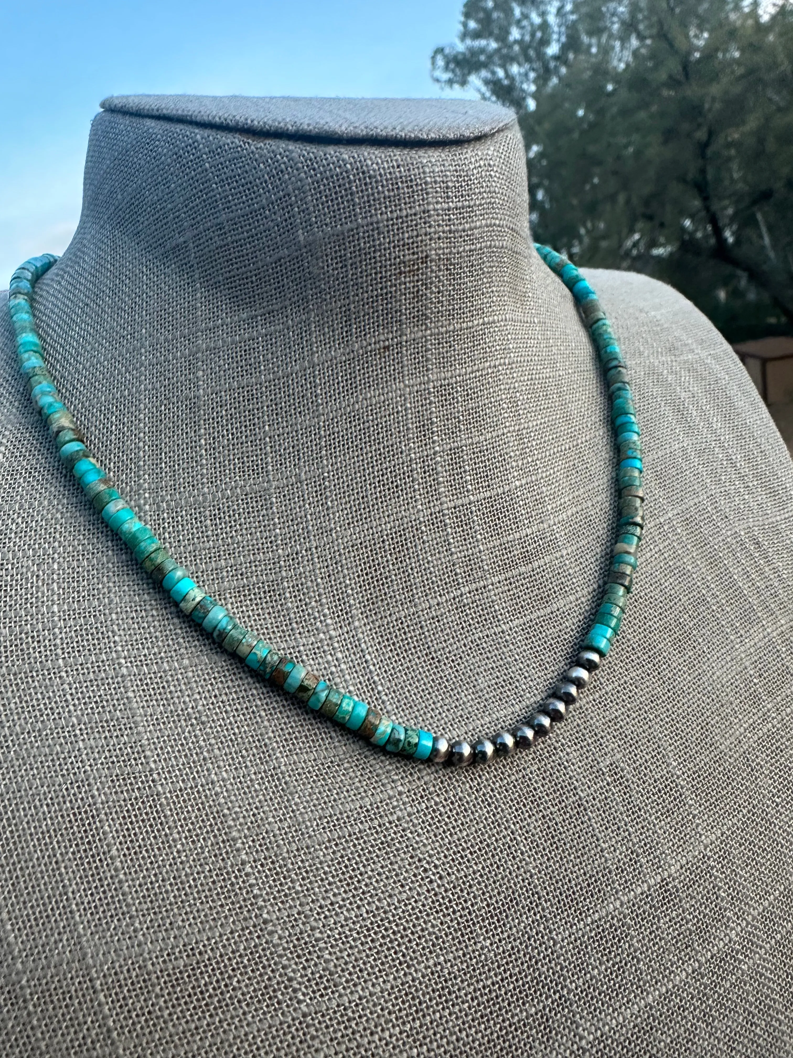 Beautiful Navajo Made Sterling Silver & Turquoise Beaded 18” Necklace