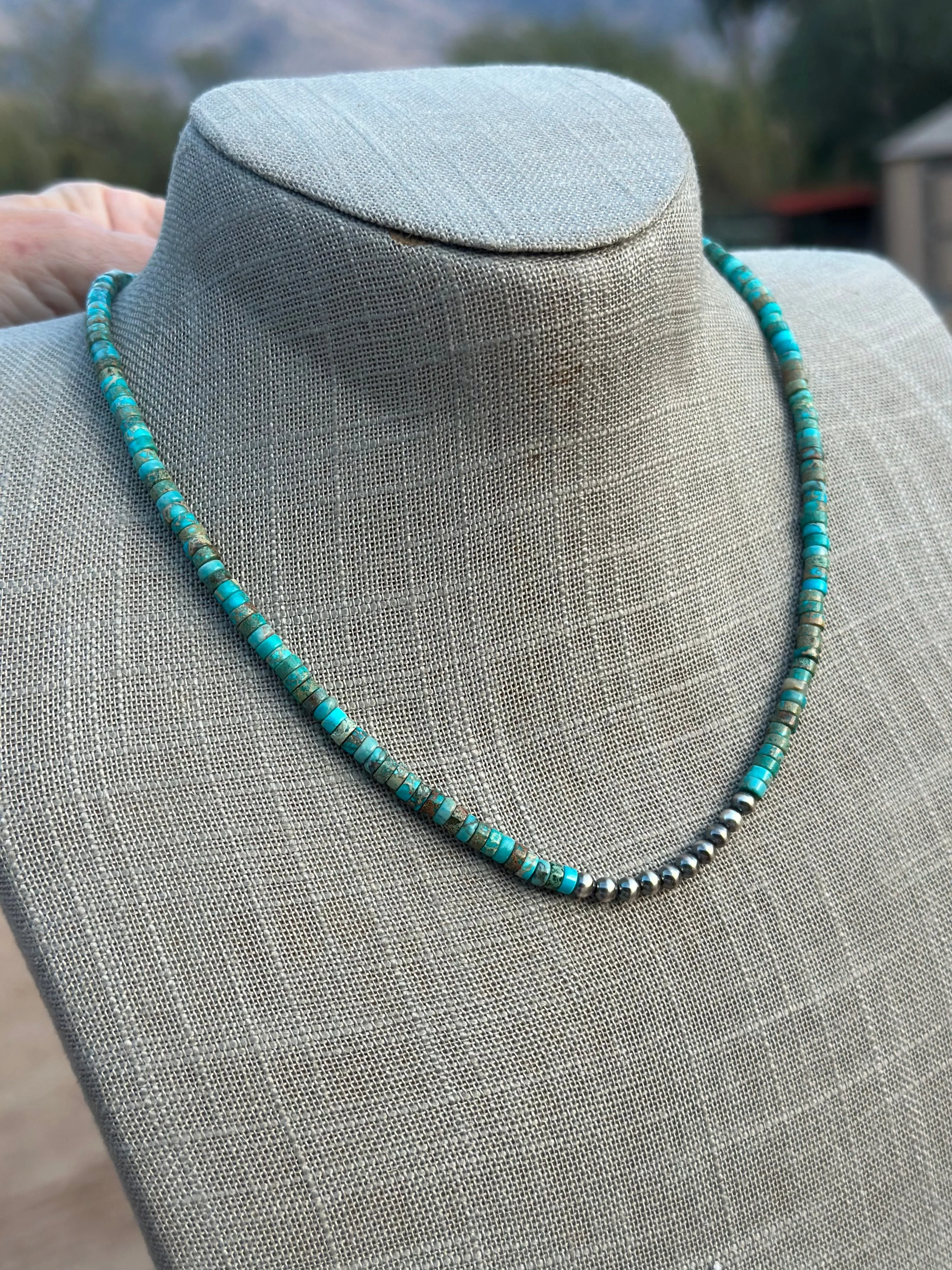 Beautiful Navajo Made Sterling Silver & Turquoise Beaded 18” Necklace