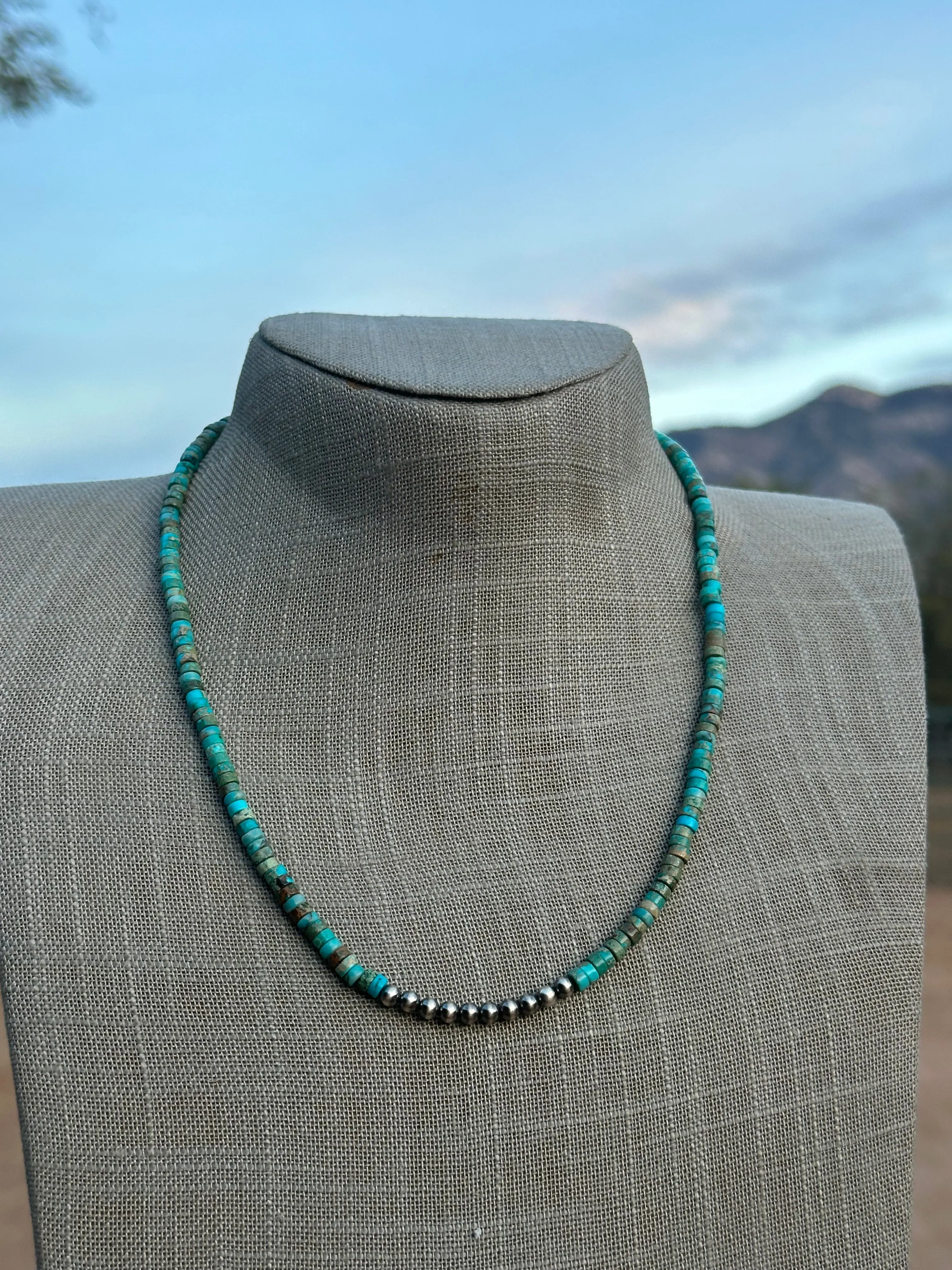 Beautiful Navajo Made Sterling Silver & Turquoise Beaded 18” Necklace