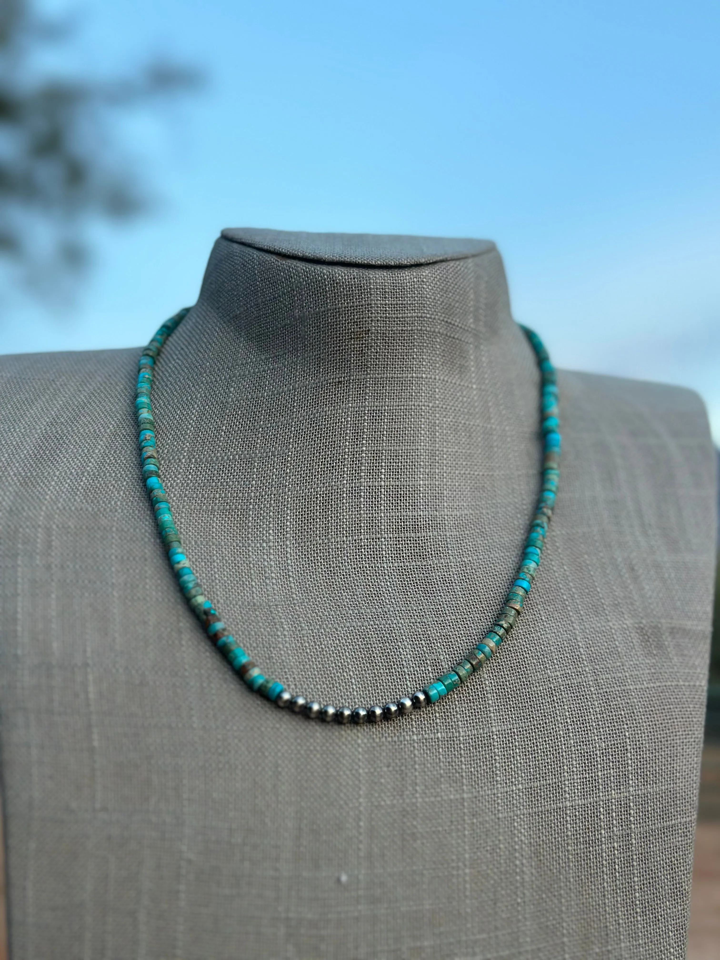 Beautiful Navajo Made Sterling Silver & Turquoise Beaded 18” Necklace