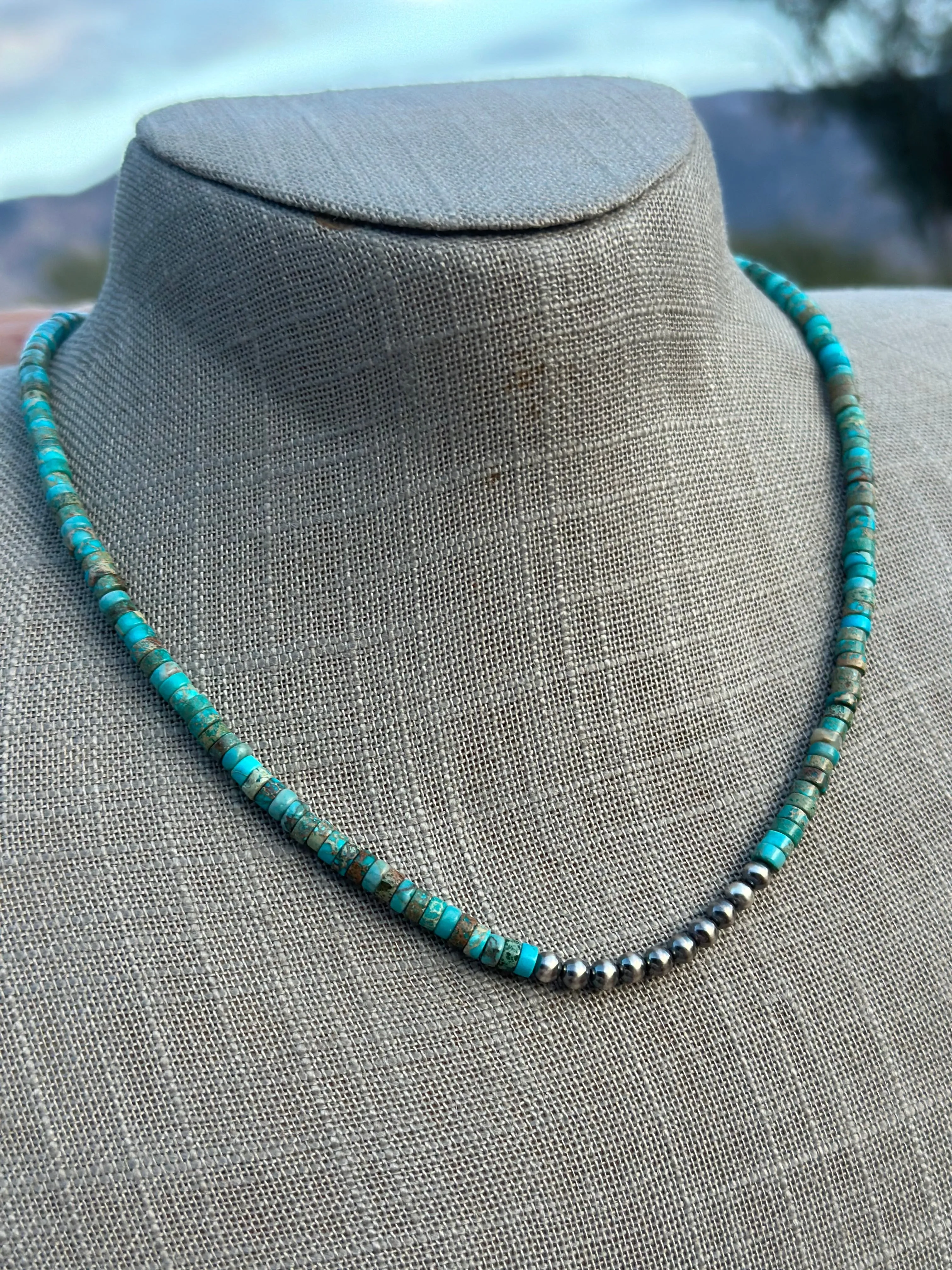 Beautiful Navajo Made Sterling Silver & Turquoise Beaded 18” Necklace