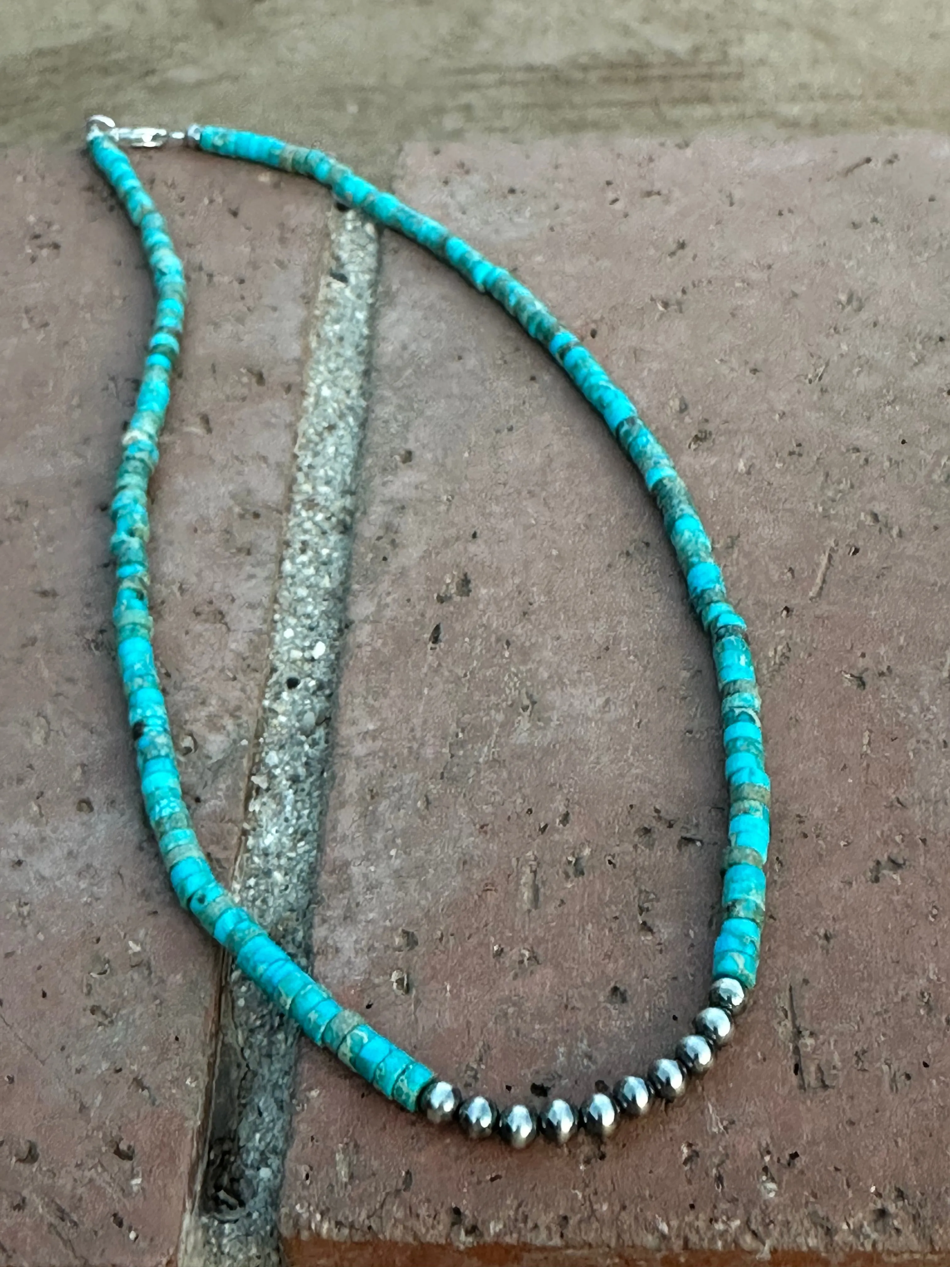 Beautiful Navajo Made Sterling Silver & Turquoise Beaded 18” Necklace