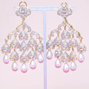 Becca Statement Indian Chandelier Earrings Yellow Gold Pearl Jaipur Rose Designer Indian Jewelry