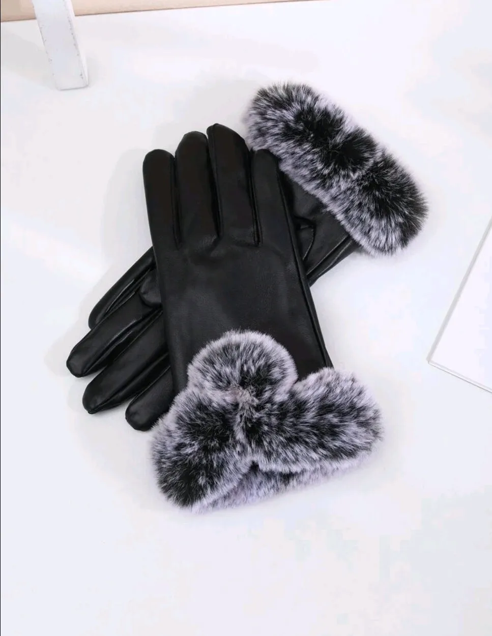 Black Fur Lined Faux Leather Gloves