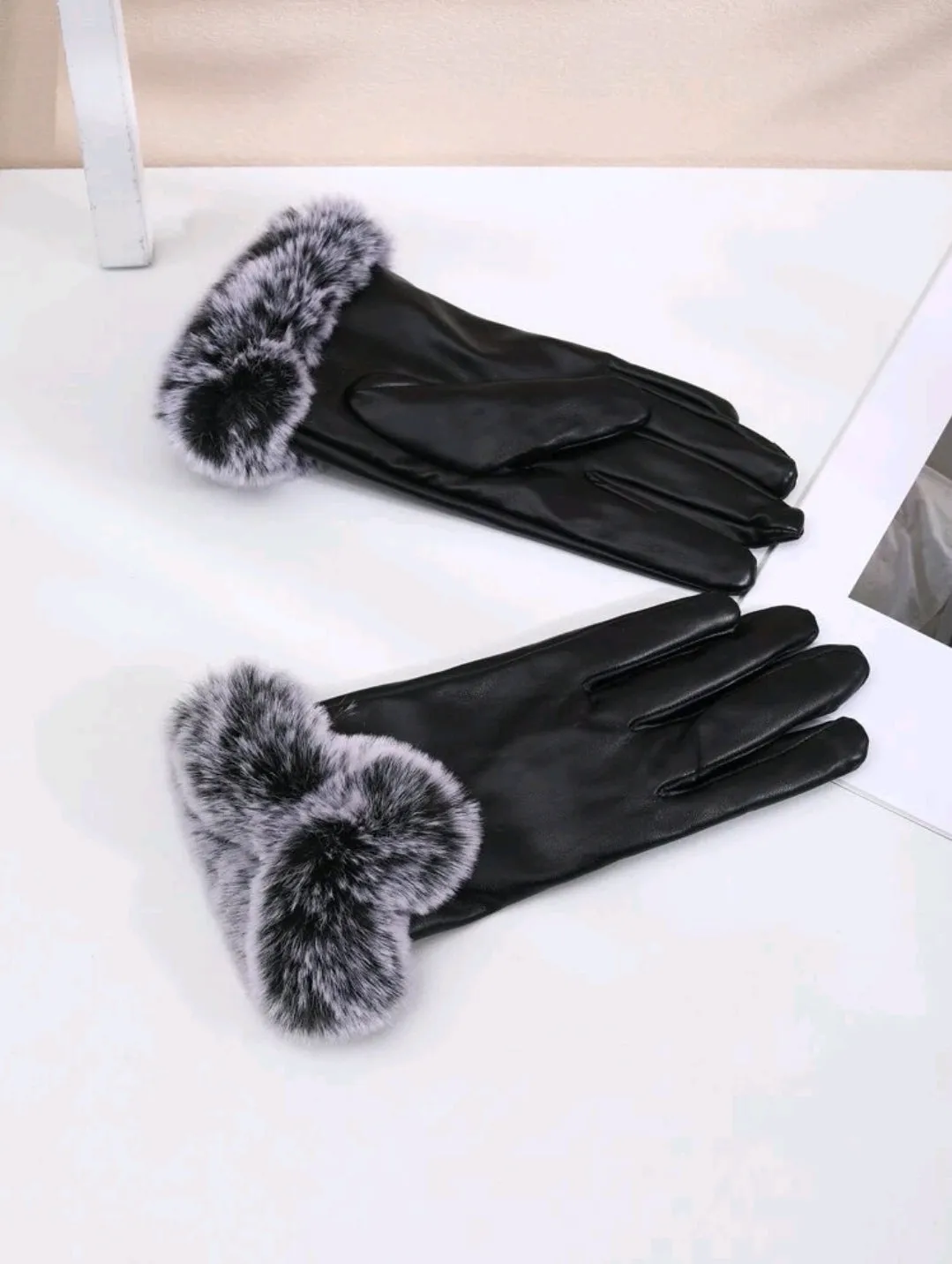 Black Fur Lined Faux Leather Gloves