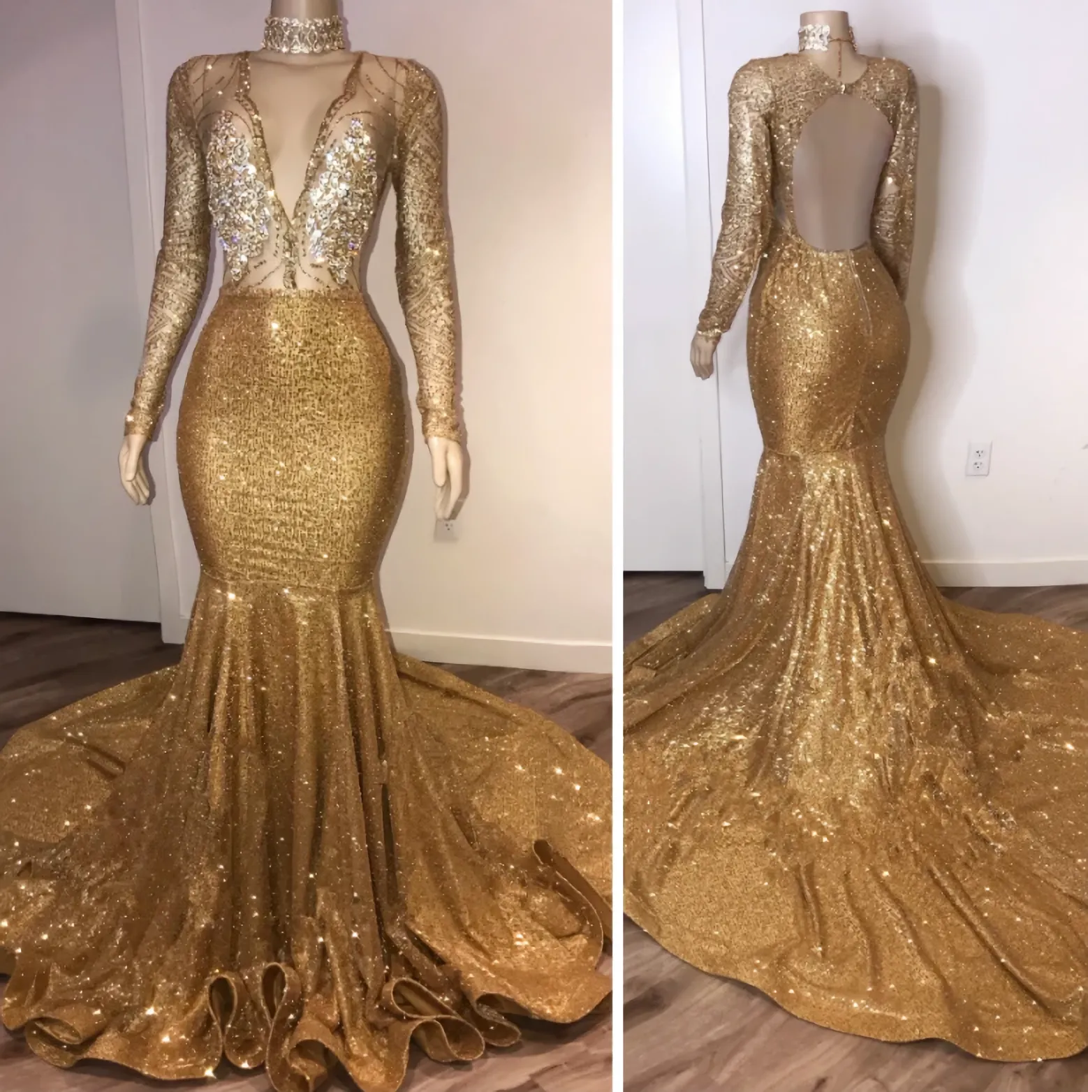 Black Girl Prom Dresses Open Back Gold Prom Dresses With Choker Long Sleeve Mermaid V Neck Sexy Evening Gowns With Crystals