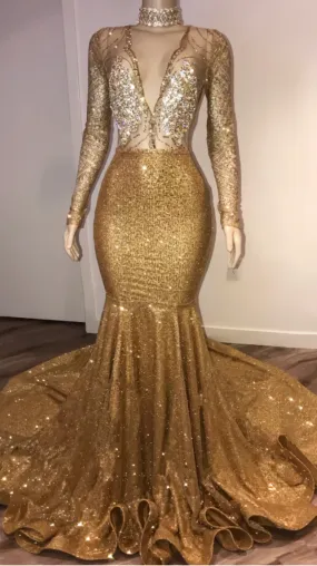 Black Girl Prom Dresses Open Back Gold Prom Dresses With Choker Long Sleeve Mermaid V Neck Sexy Evening Gowns With Crystals