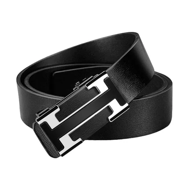 Black Men's Leather Ratchet Belt with Automatic Buckle 黑色男士真皮自動扣皮帶 KCBELT1135