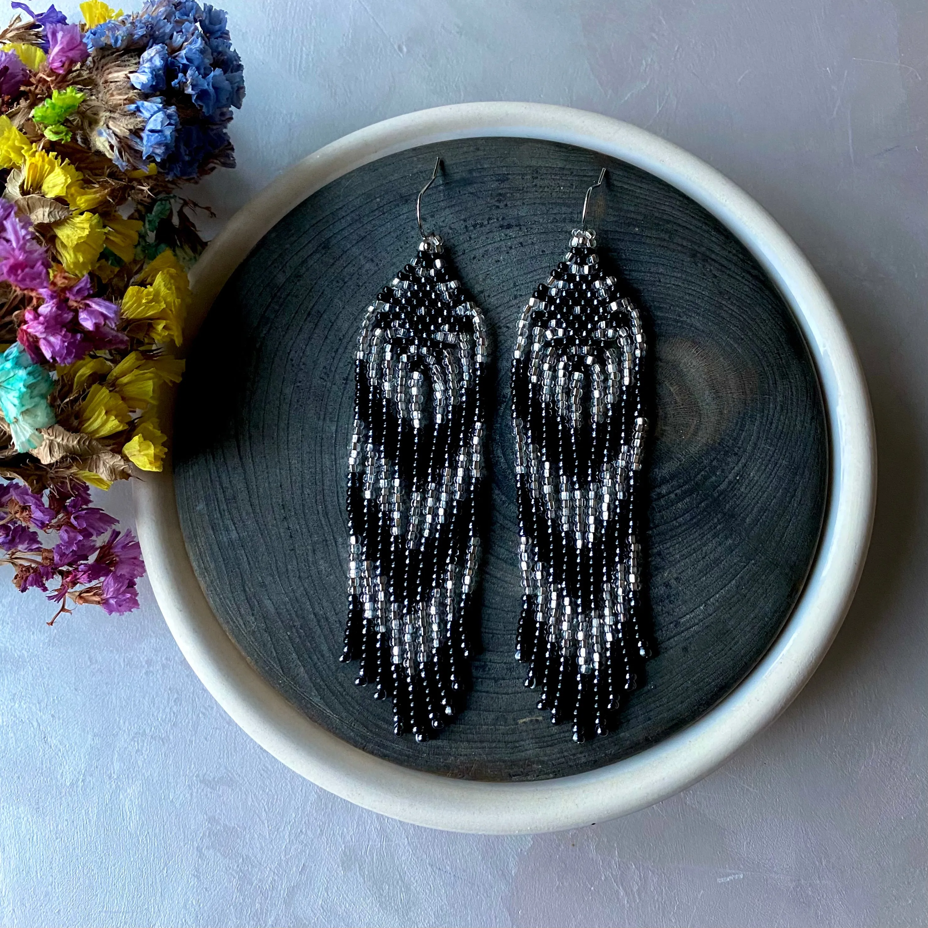 Black Silver Seed Bead Earrings / Fringe Chandelier Earrings / Long Dangle Earrings / Statement Earrings