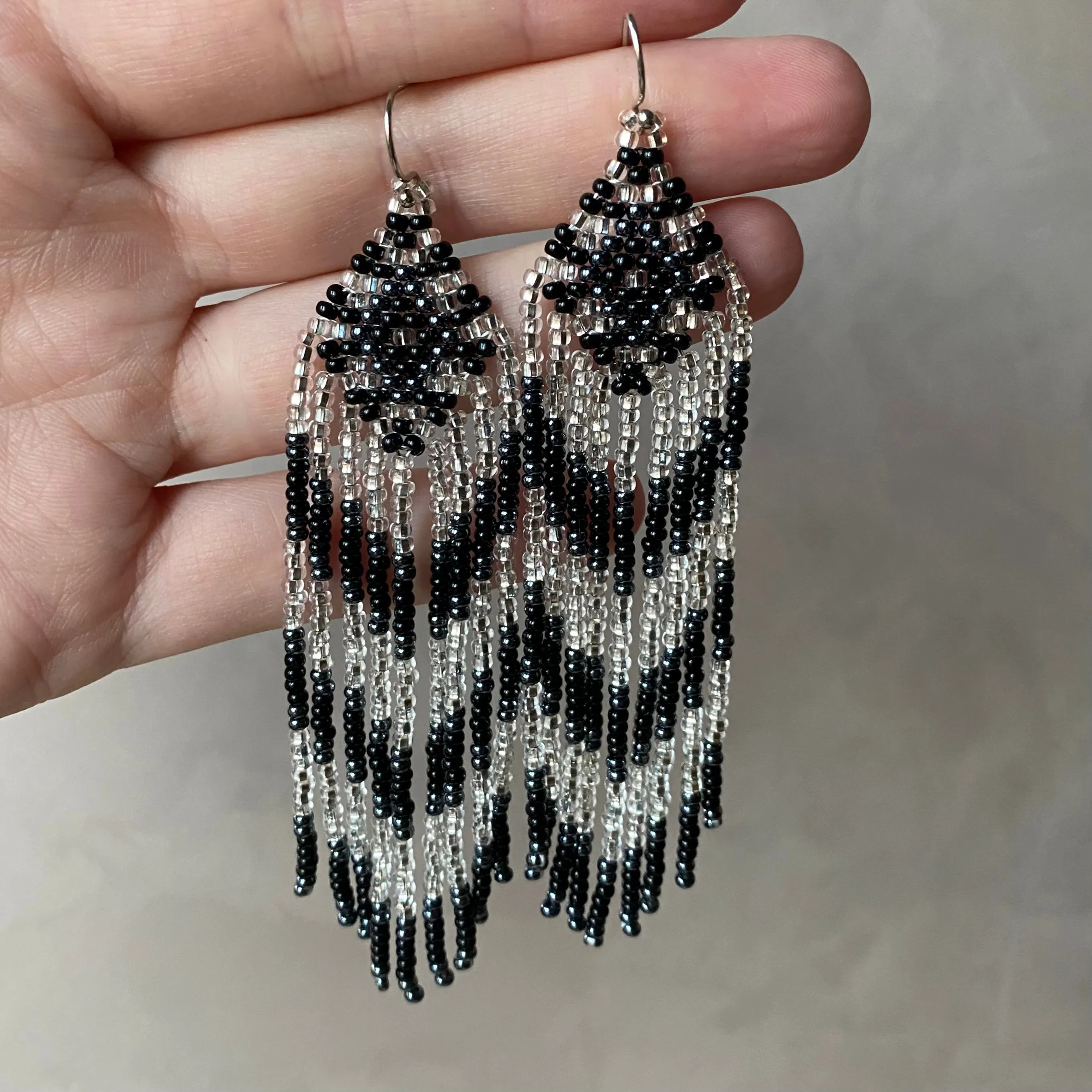 Black Silver Seed Bead Earrings / Fringe Chandelier Earrings / Long Dangle Earrings / Statement Earrings