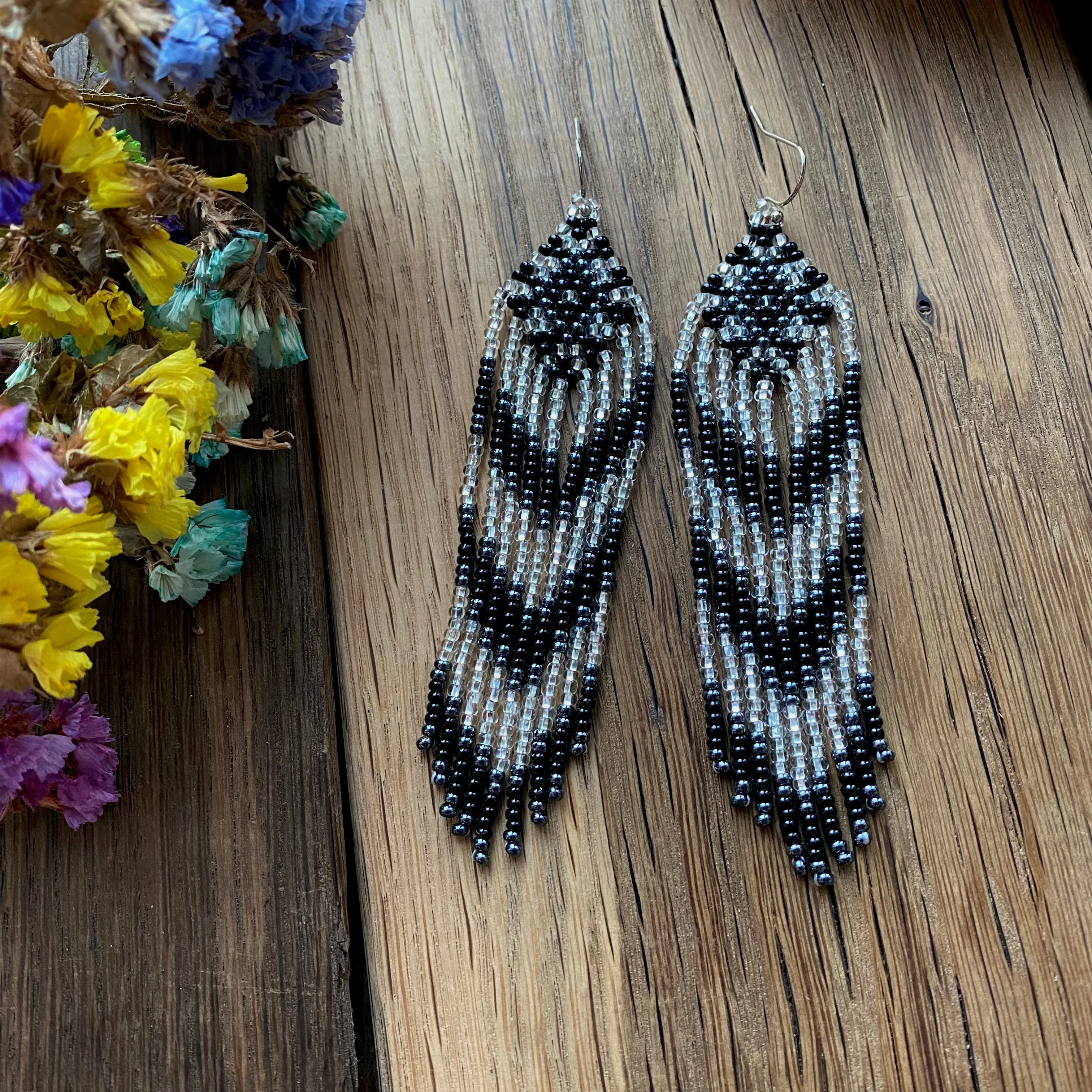 Black Silver Seed Bead Earrings / Fringe Chandelier Earrings / Long Dangle Earrings / Statement Earrings