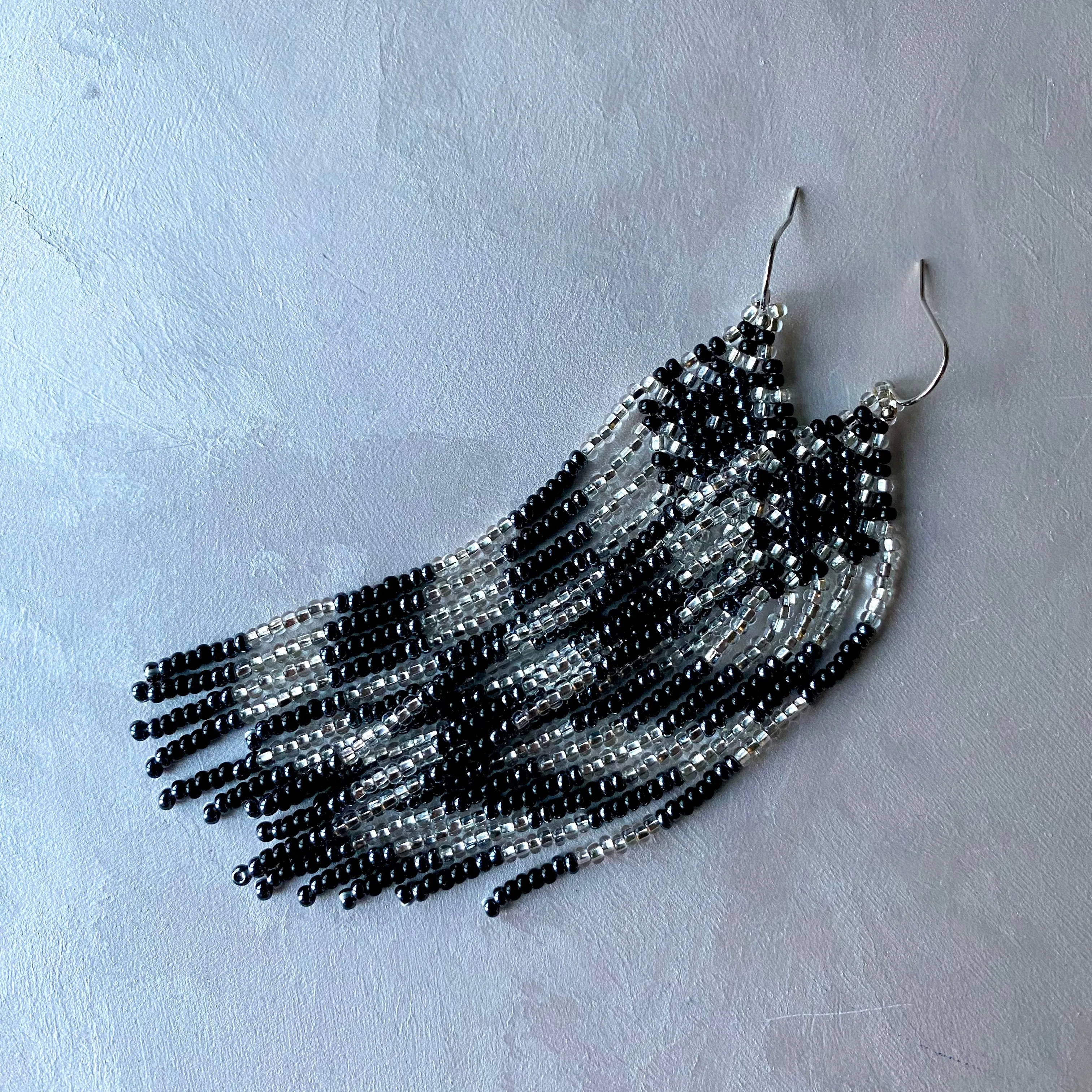 Black Silver Seed Bead Earrings / Fringe Chandelier Earrings / Long Dangle Earrings / Statement Earrings