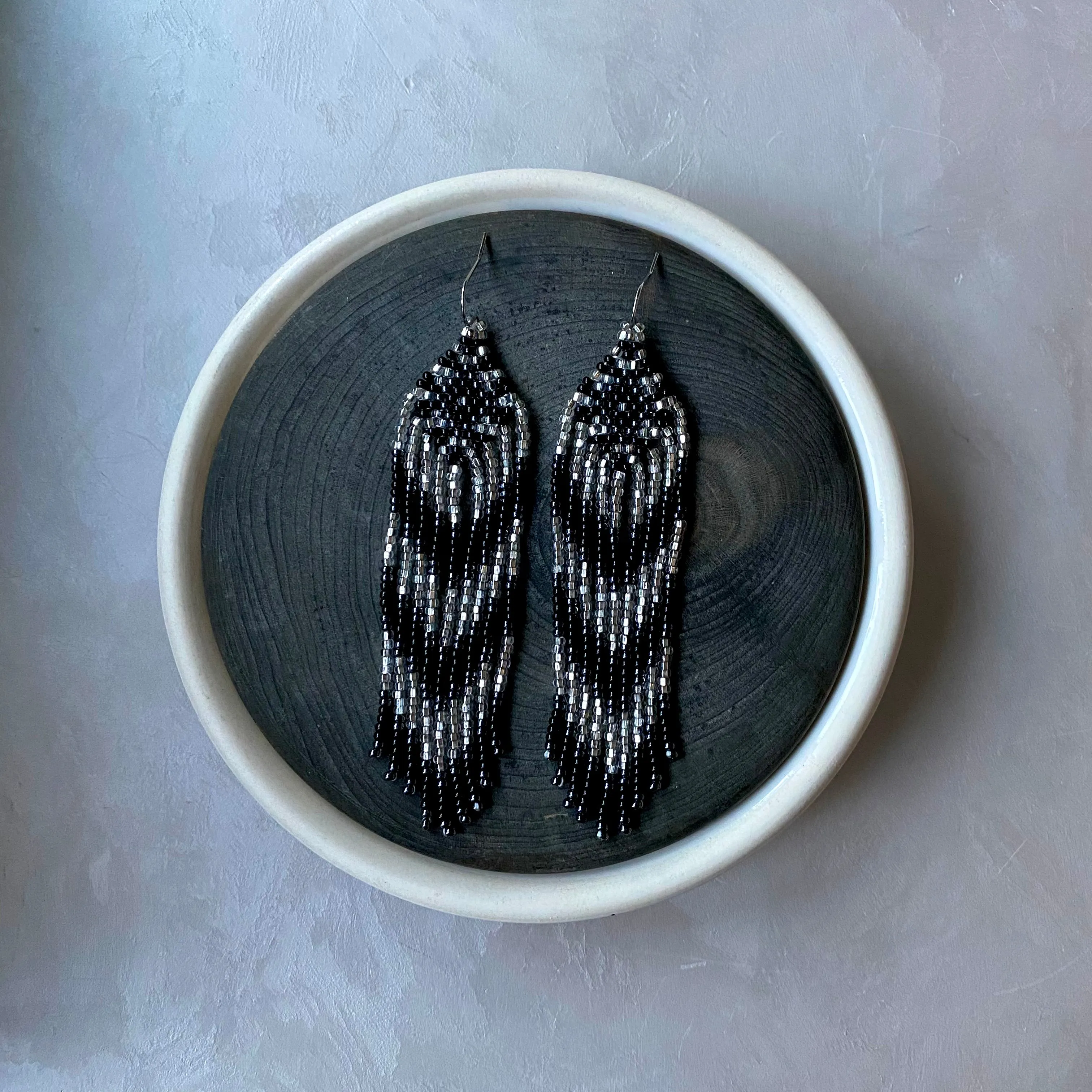 Black Silver Seed Bead Earrings / Fringe Chandelier Earrings / Long Dangle Earrings / Statement Earrings