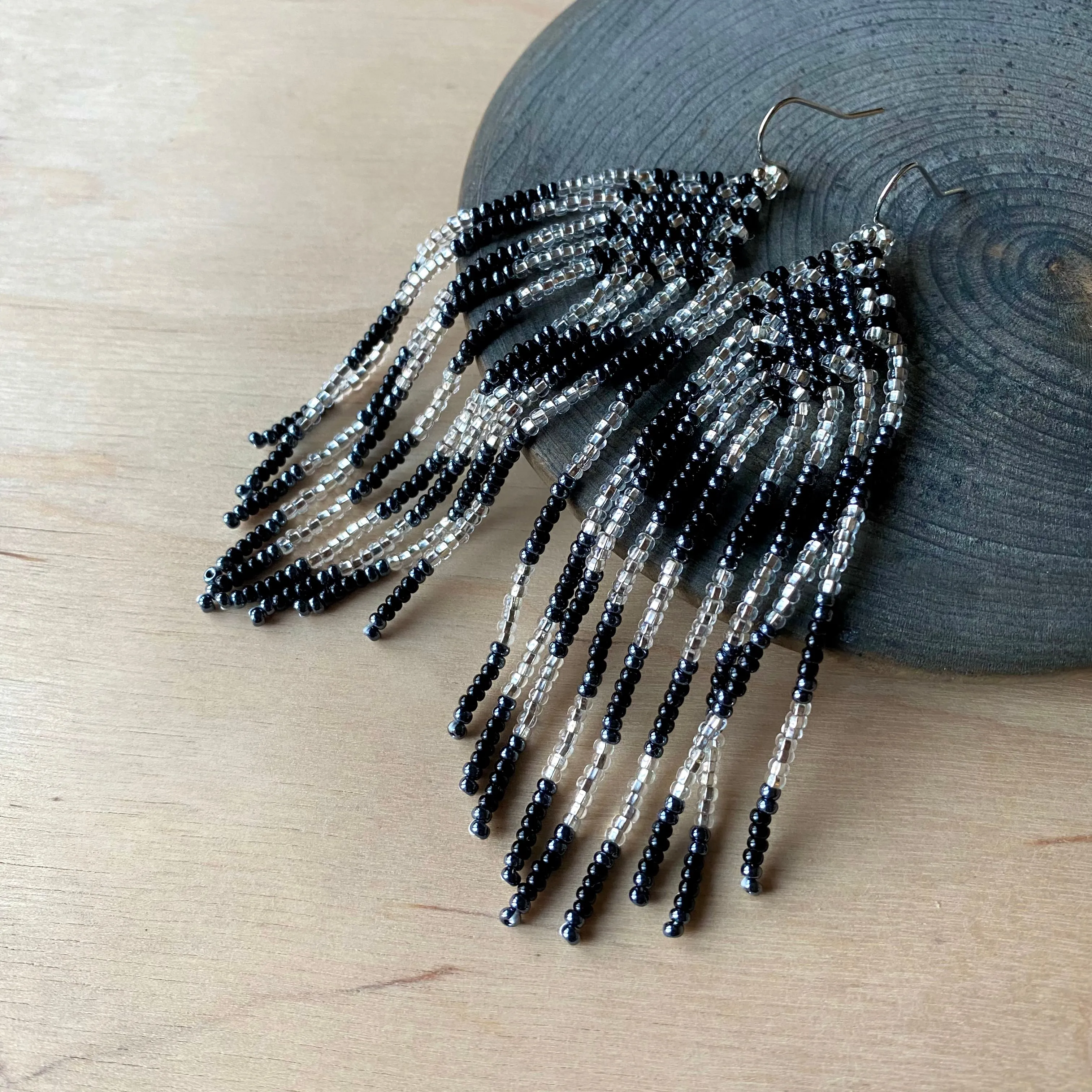 Black Silver Seed Bead Earrings / Fringe Chandelier Earrings / Long Dangle Earrings / Statement Earrings