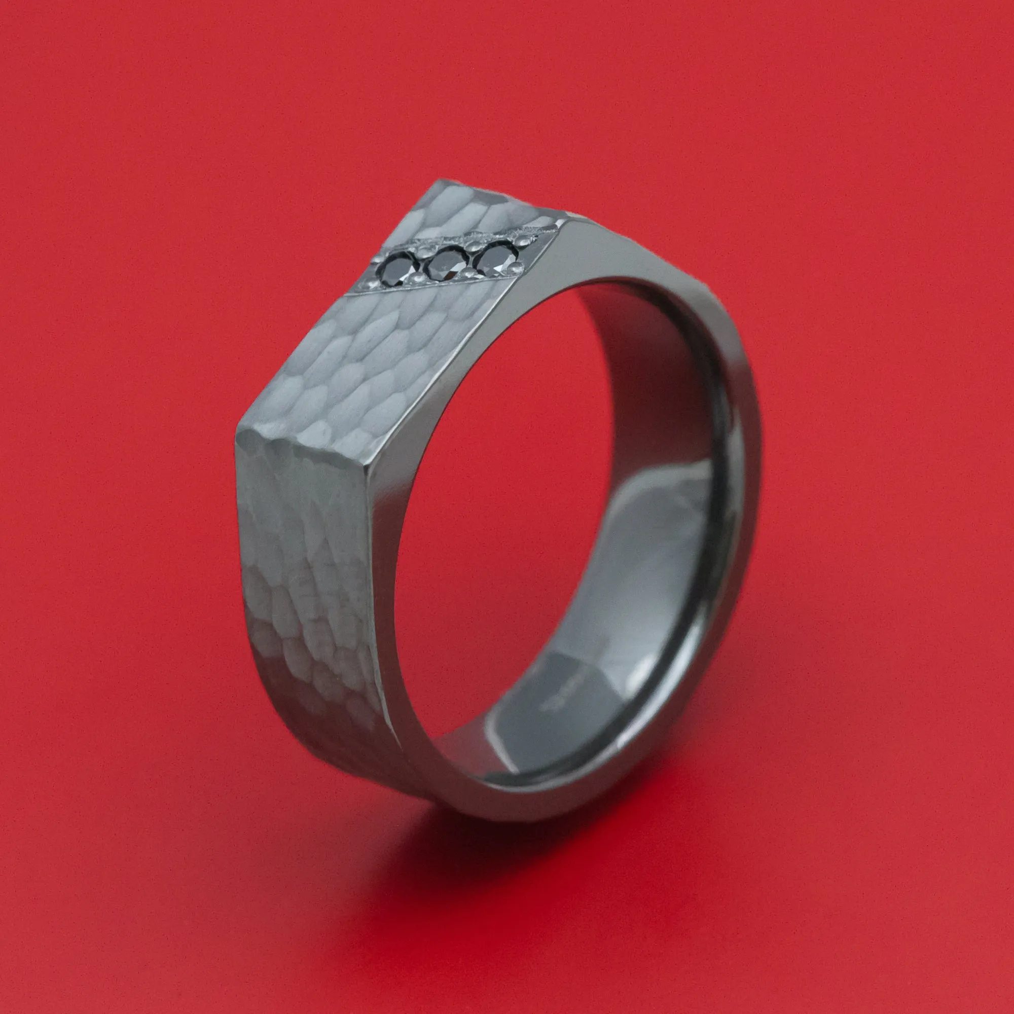 Black Zirconium Hammered Signet Ring with Black Diamonds