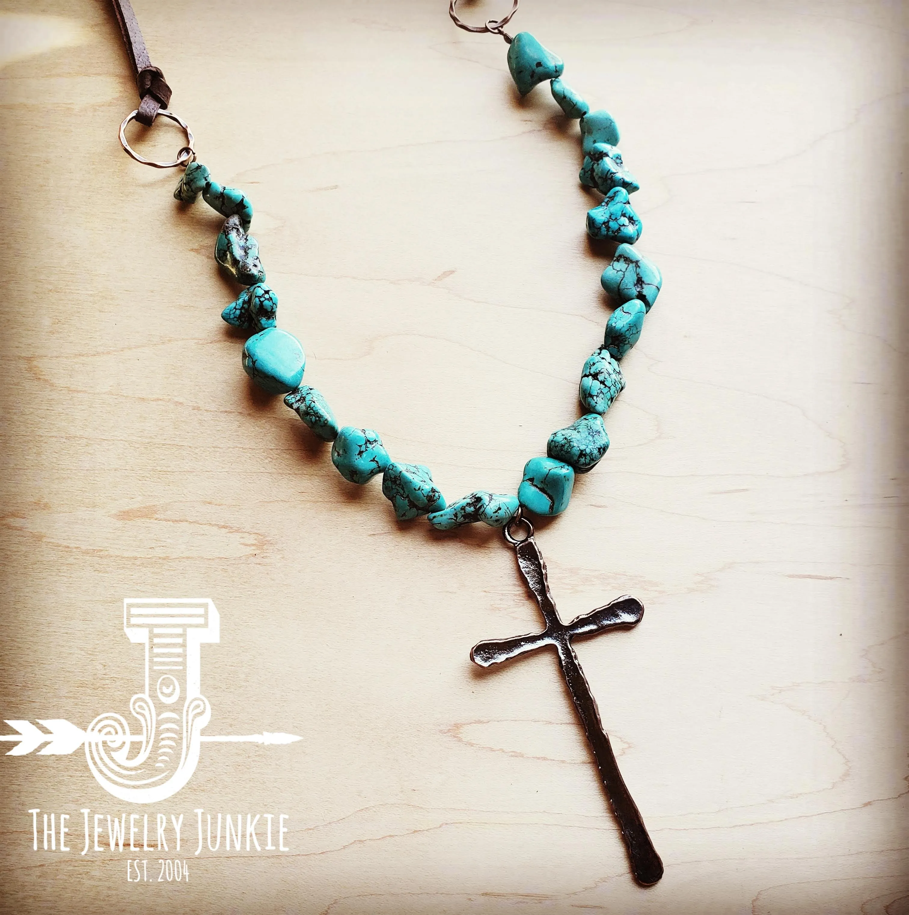 Blue Turquoise Necklace w/ Copper Cross Pendant 251p