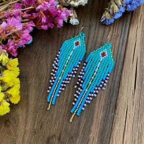 Bohemian Turquoise Seed Bead Fringe Chandelier Earrings for Womens in hippie boho style.