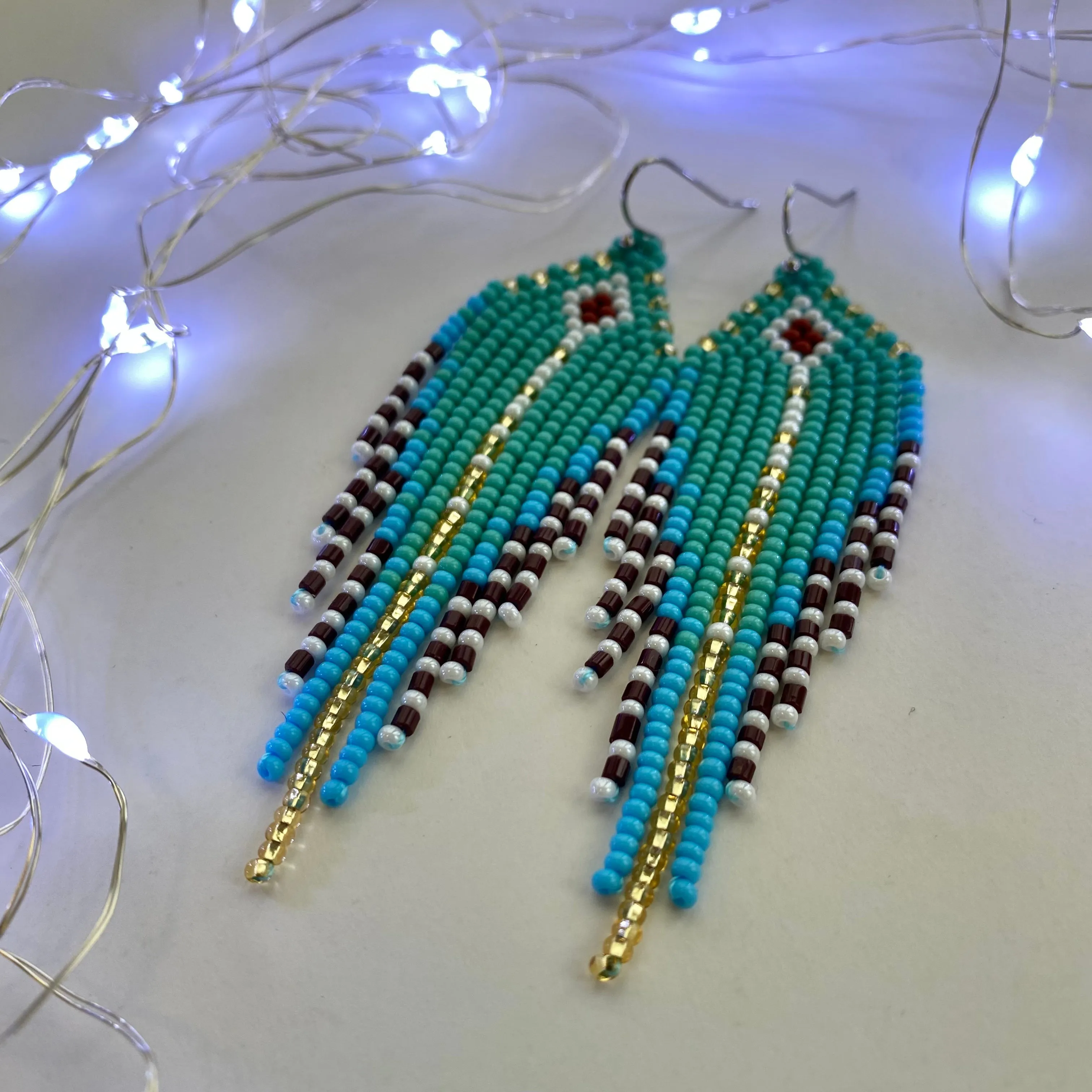 Bohemian Turquoise Seed Bead Fringe Chandelier Earrings for Womens in hippie boho style.