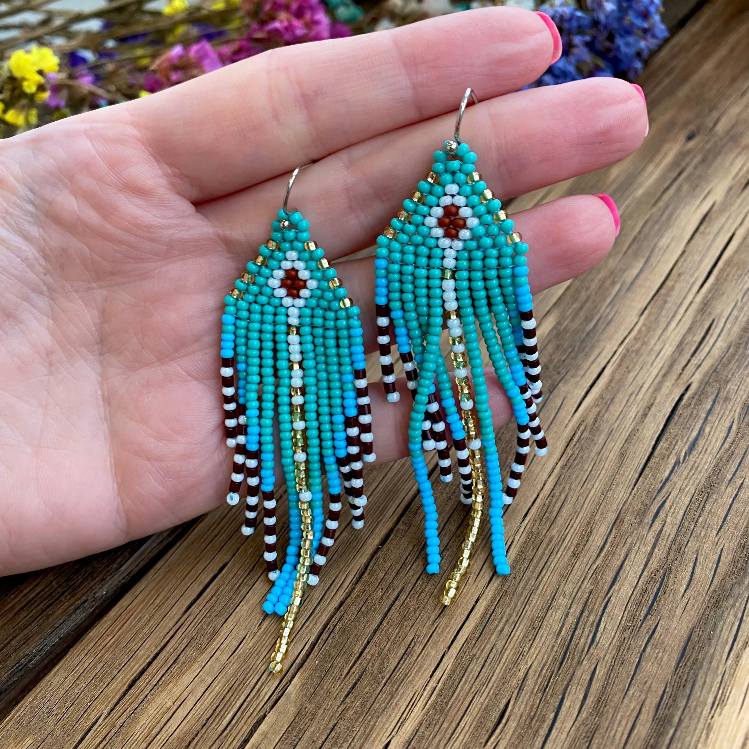 Bohemian Turquoise Seed Bead Fringe Chandelier Earrings for Womens in hippie boho style.