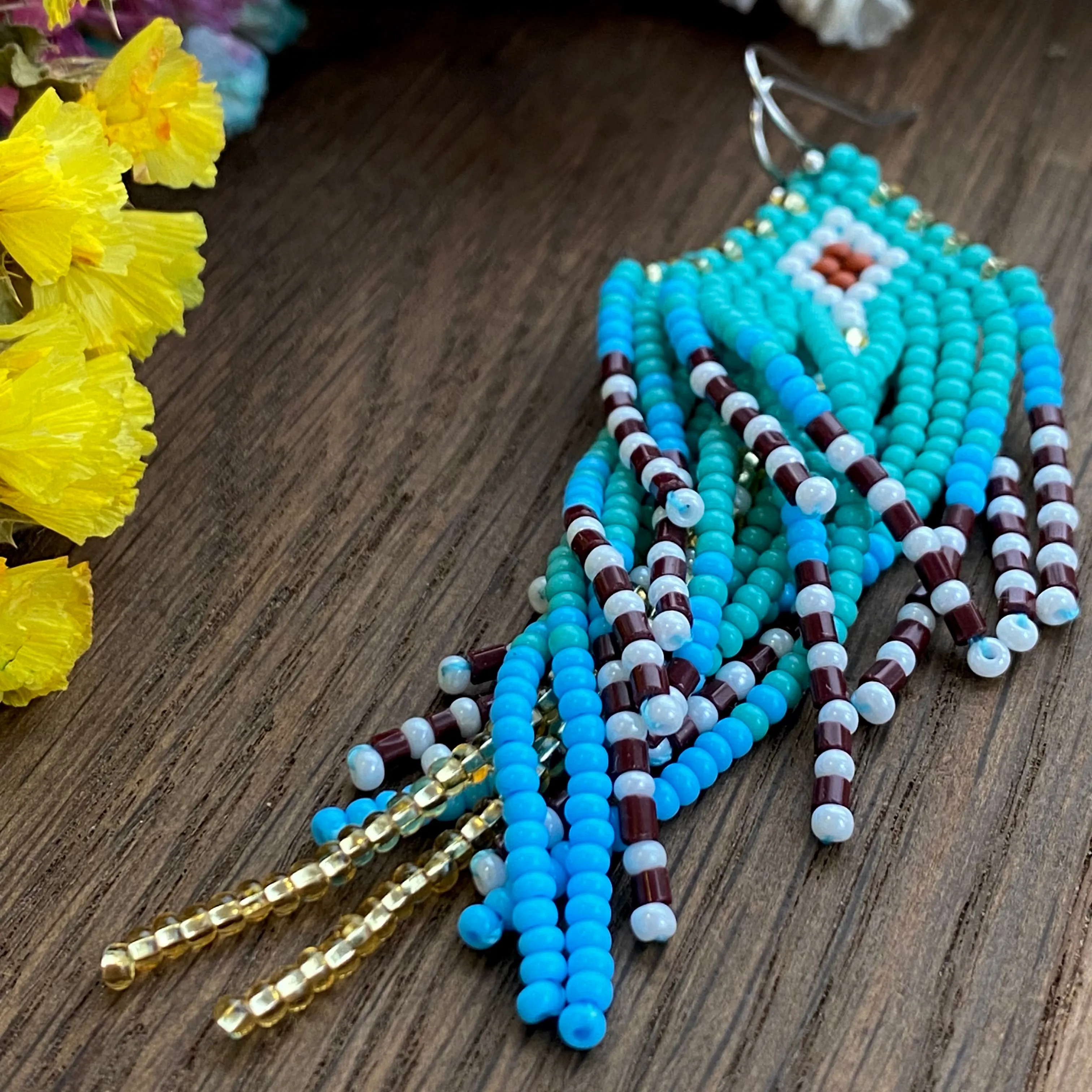 Bohemian Turquoise Seed Bead Fringe Chandelier Earrings for Womens in hippie boho style.