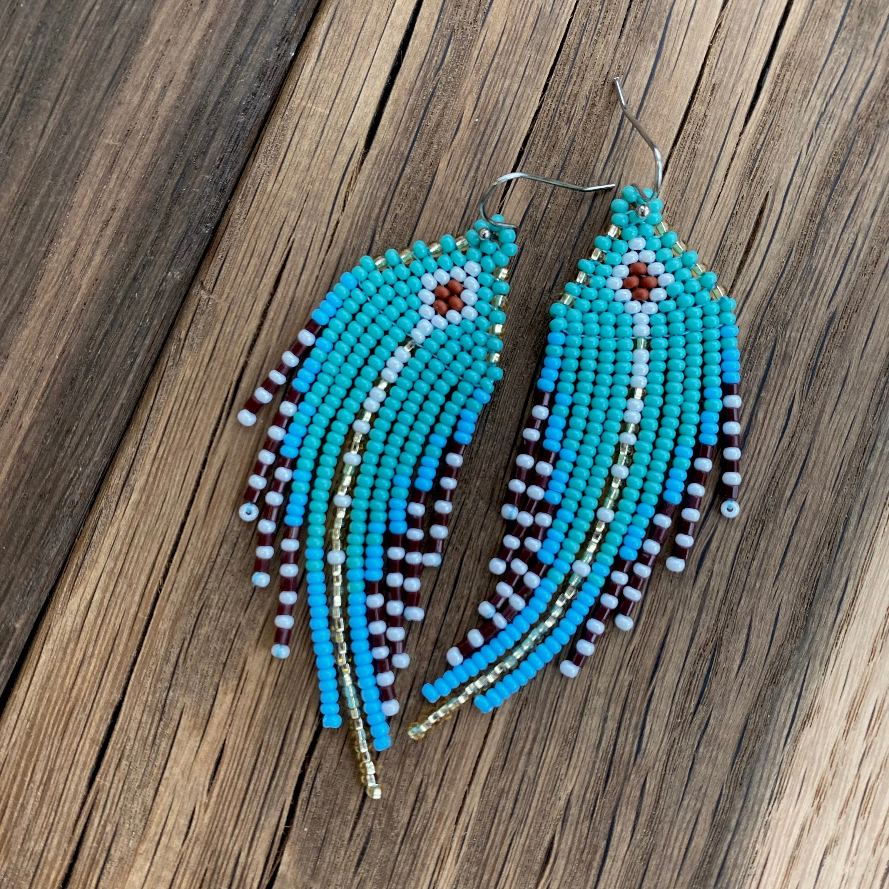 Bohemian Turquoise Seed Bead Fringe Chandelier Earrings for Womens in hippie boho style.