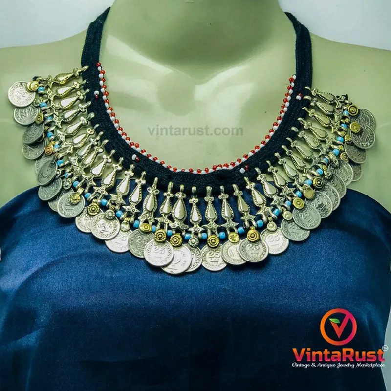 Boho Choker Necklace With Beads and Vintage Coins