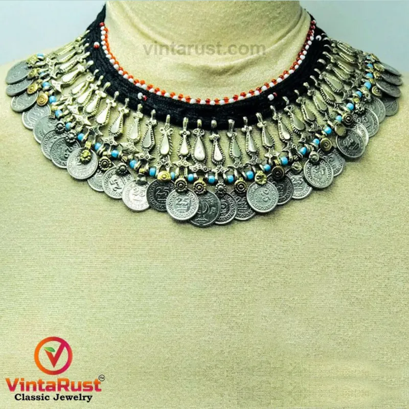 Boho Choker Necklace With Beads and Vintage Coins