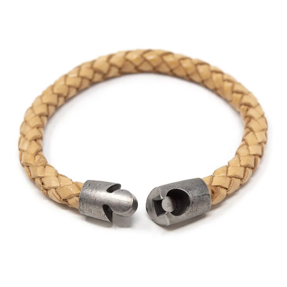 Braided Leather Bracelet with Puzzle Clasp Beige Large