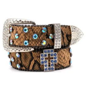 Brown Snake Pattern Sparkling Cross Rivets Leather Belt