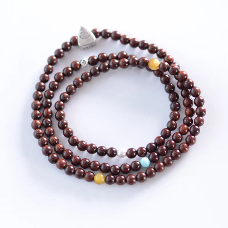 Buddha Stones 925 Sterling Silver Indian Small Leaf Red Sandalwood Fu Character Protection Triple Wrap Bracelet