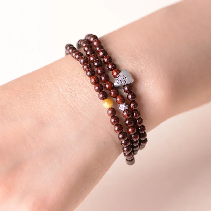 Buddha Stones 925 Sterling Silver Indian Small Leaf Red Sandalwood Fu Character Protection Triple Wrap Bracelet