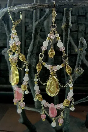 Cameron Cohen Chandelier Pink Earrings with Buddha