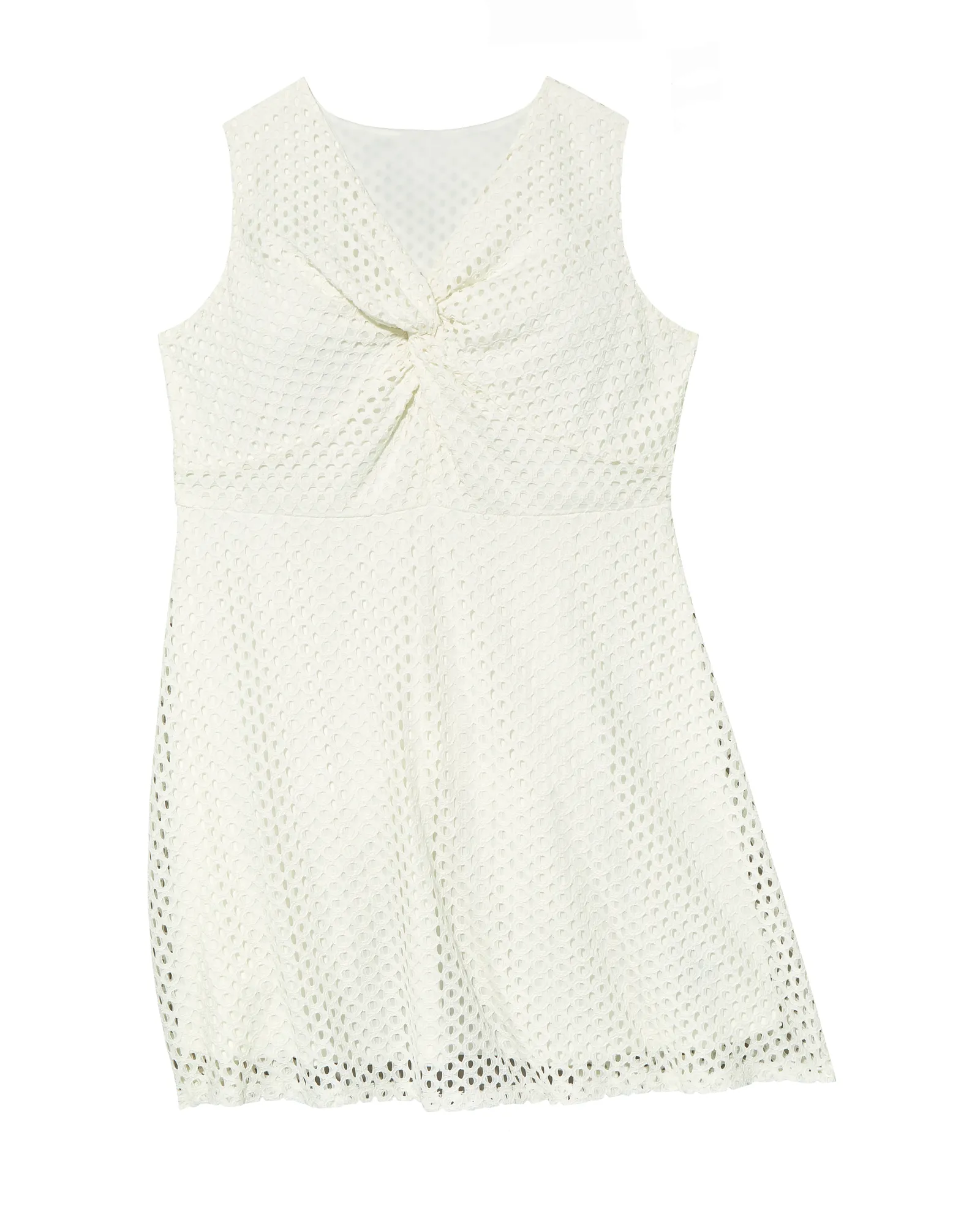 Charlotte Sleeveless V-Neck Eyelet Fit and Flare Dress with Knot | White