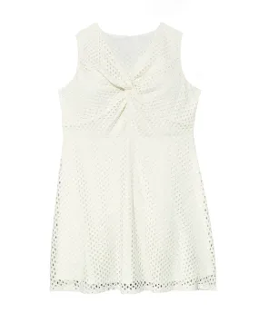 Charlotte Sleeveless V-Neck Eyelet Fit and Flare Dress with Knot | White