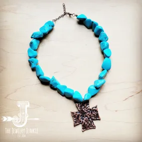 Chunky Blue Turquoise Collar Necklace w/ Cross Pendant 258x