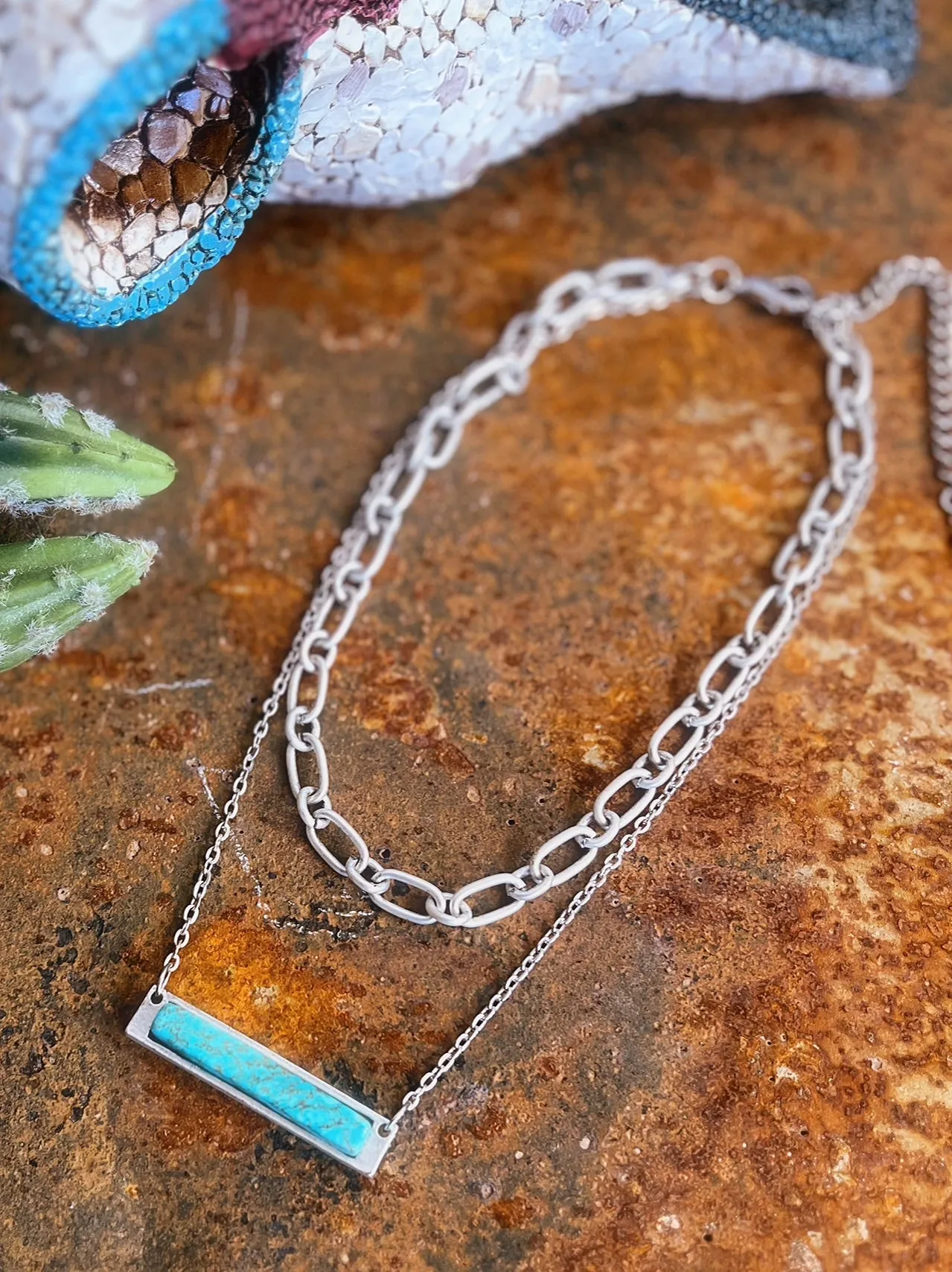 Chunky Chain Paired With Small Chain Turquoise Bar Necklace